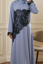 Asymmetric Lace-Trimmed Maxi Dress-Blue