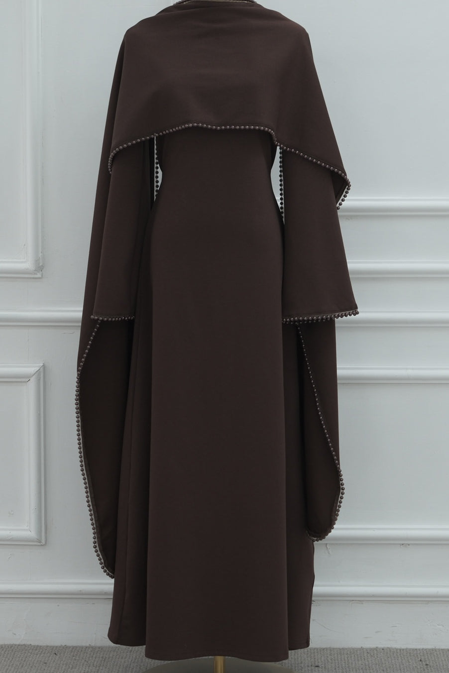 Pearl-Trimmed Cape Modest Evening Gown-Coffee