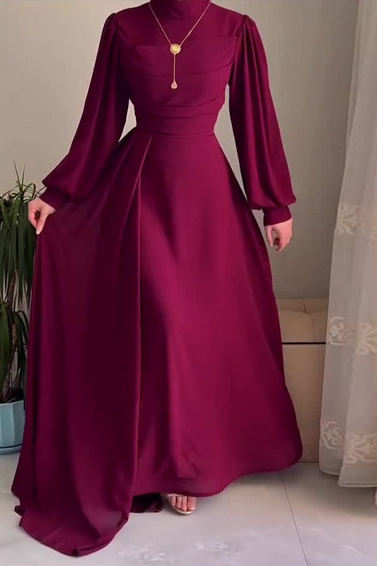 Burgundy High-Neck Bishop Sleeve Maxi Dress