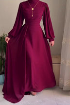 Burgundy High-Neck Bishop Sleeve Maxi Dress