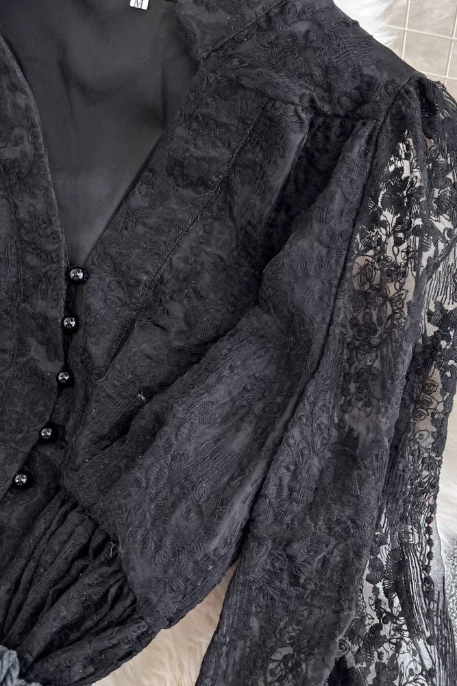 Elena Lace Embroidered Buttoned Maxi Dress-Black