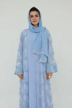 Floral Bloom Sheer Mesh Open Abaya-Blue
