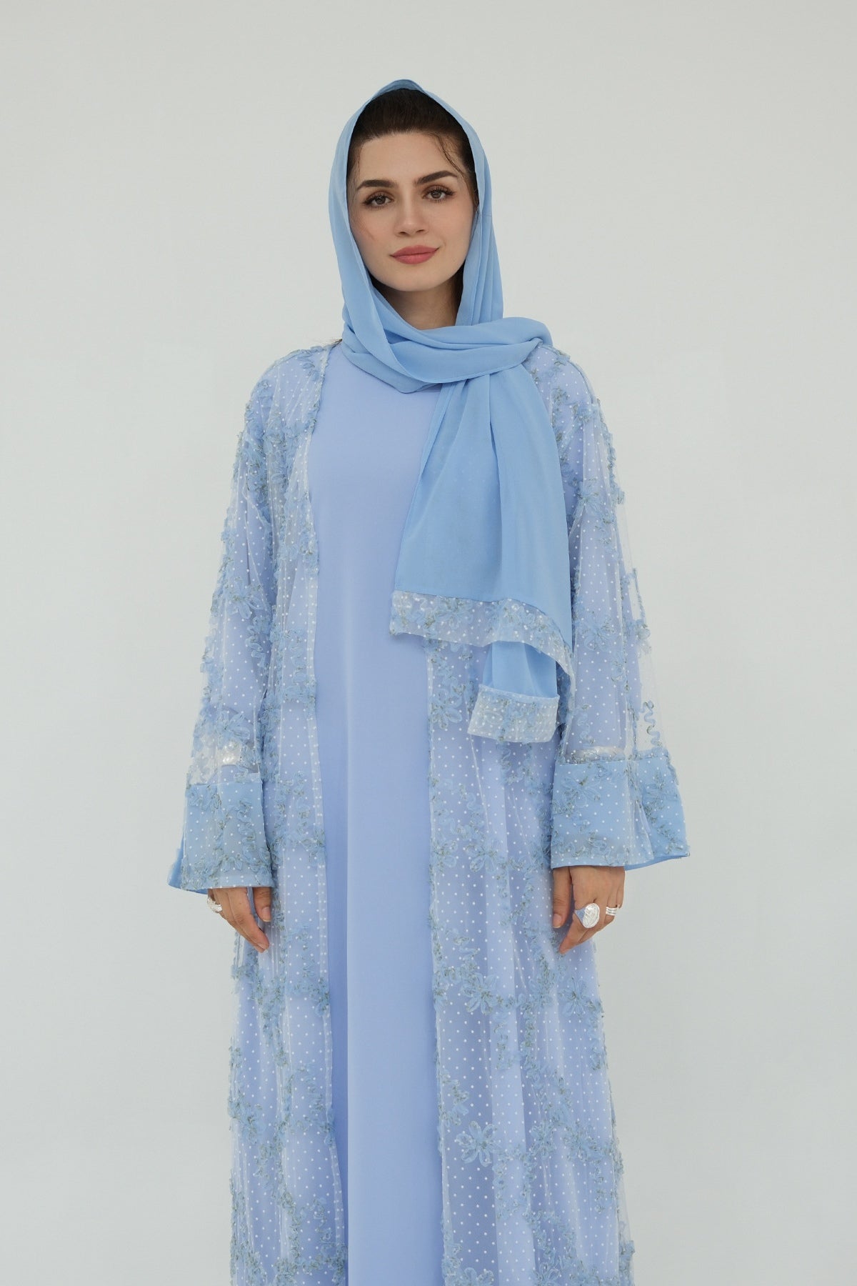 Floral Bloom Sheer Mesh Open Abaya-Blue