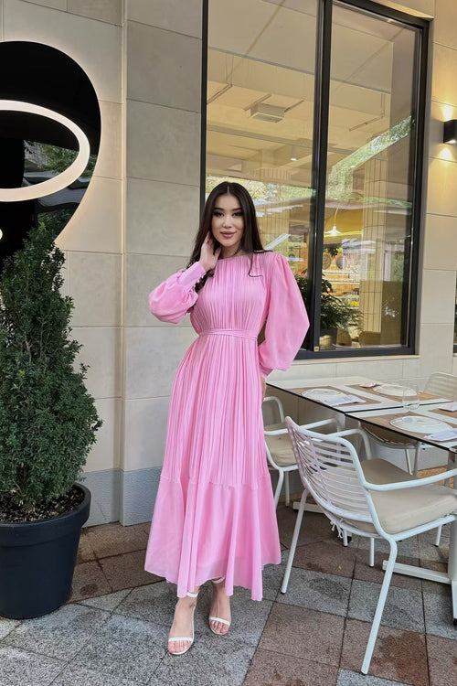 Elegance Pleated Chiffon Full-Sweep Maxi Dress-Pink
