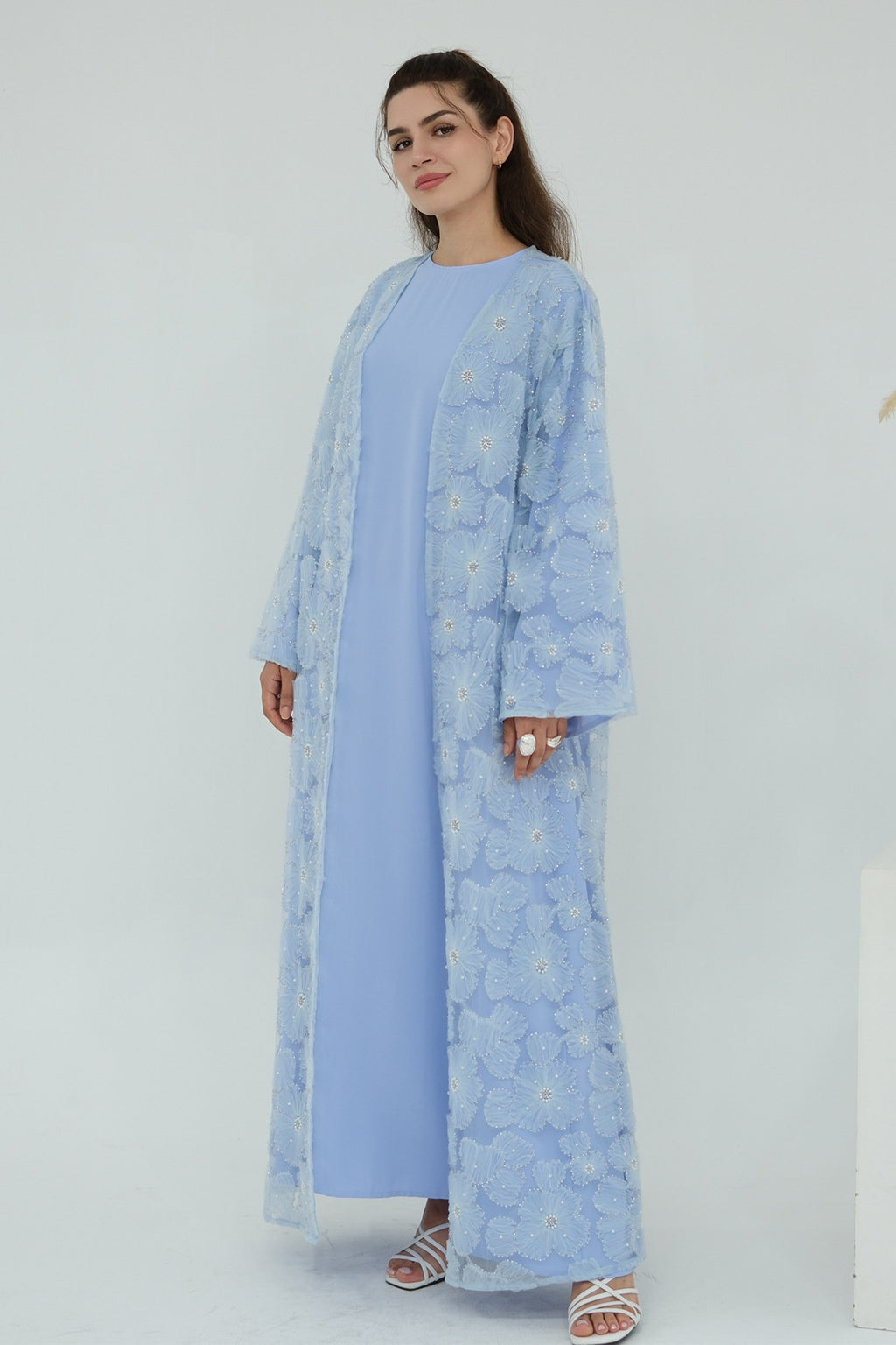 Hand-Beaded Floral Mesh Abaya Two-Piece Set-Blue