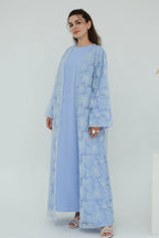 Hand-Beaded Floral Mesh Abaya Two-Piece Set-Blue