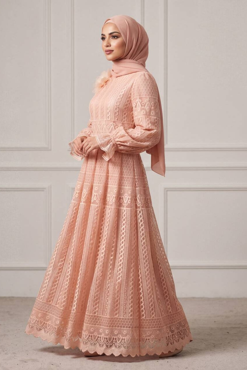 Double-Layer Lace Embroidered Maxi Dress-Pink