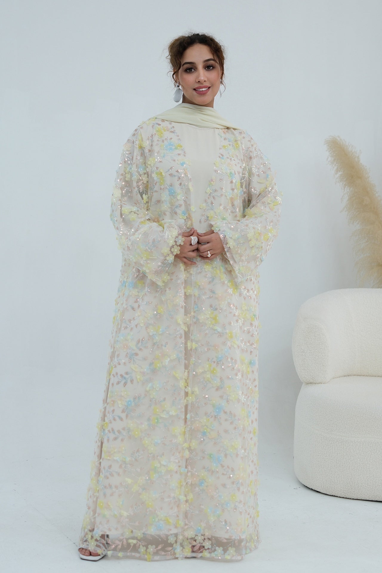 Hand-Beaded Floral Open Abaya Three-Piece Set with Matching Inner Dress & Hijab-Apricot