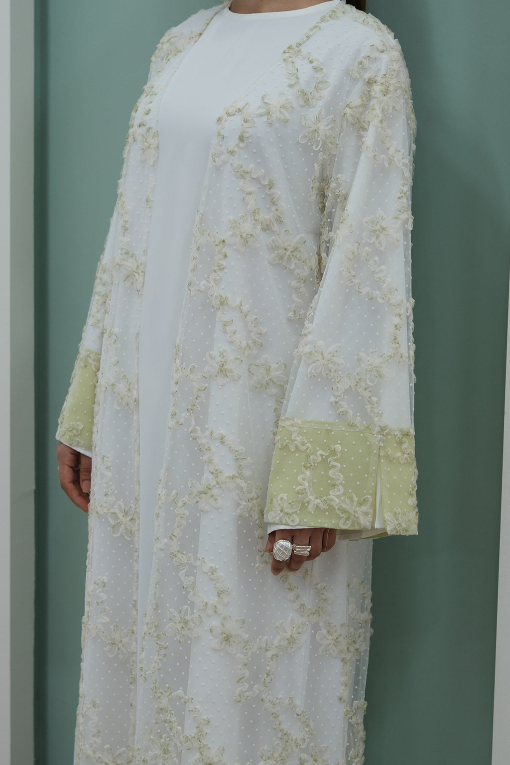 Floral Bloom Sheer Mesh Open Abaya-Green
