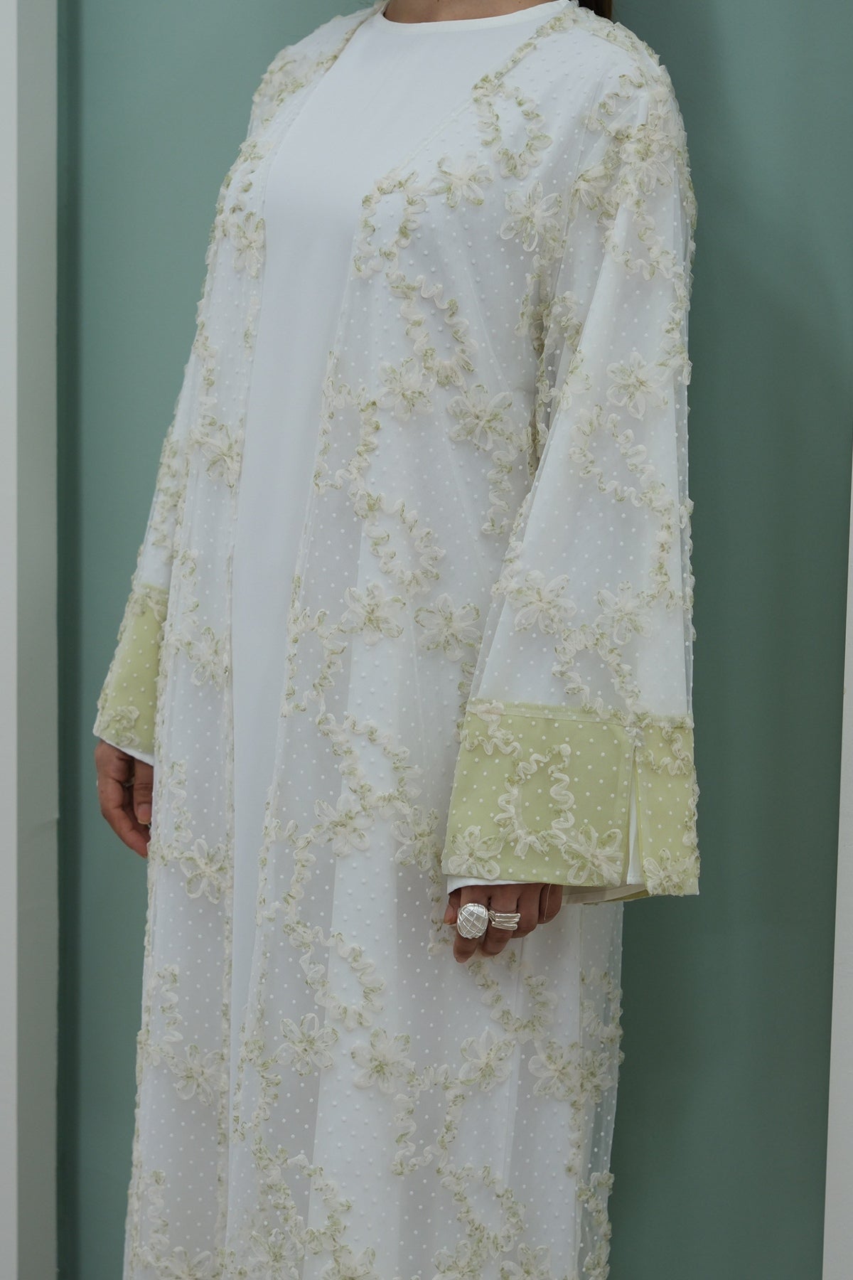 Floral Bloom Sheer Mesh Open Abaya-Green