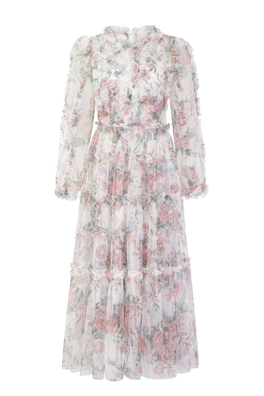 Intricate Floral Mesh Lantern Sleeve Maxi Dress