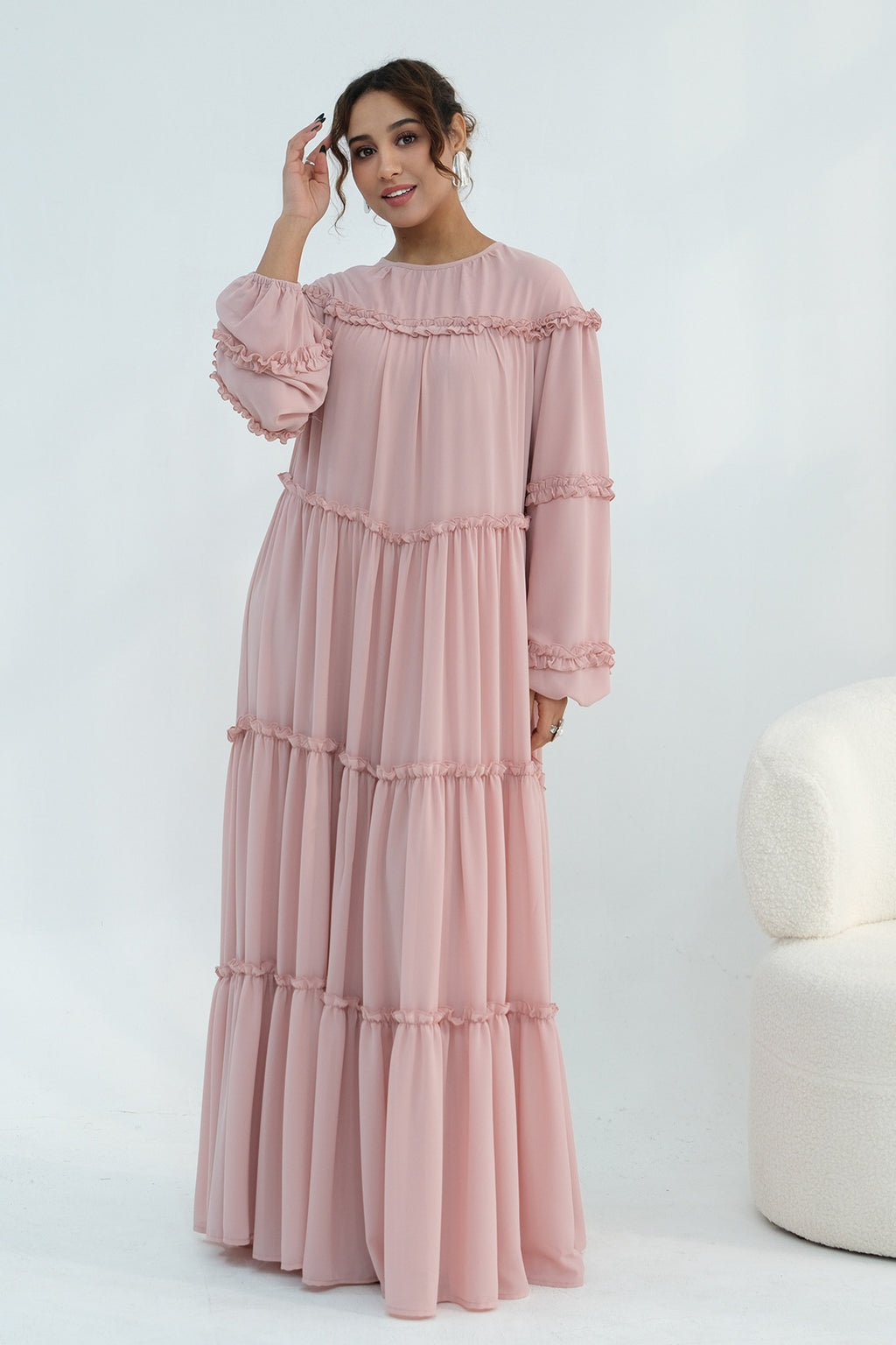 Tiered Ruffle Chiffon Maxi Dress-Pink