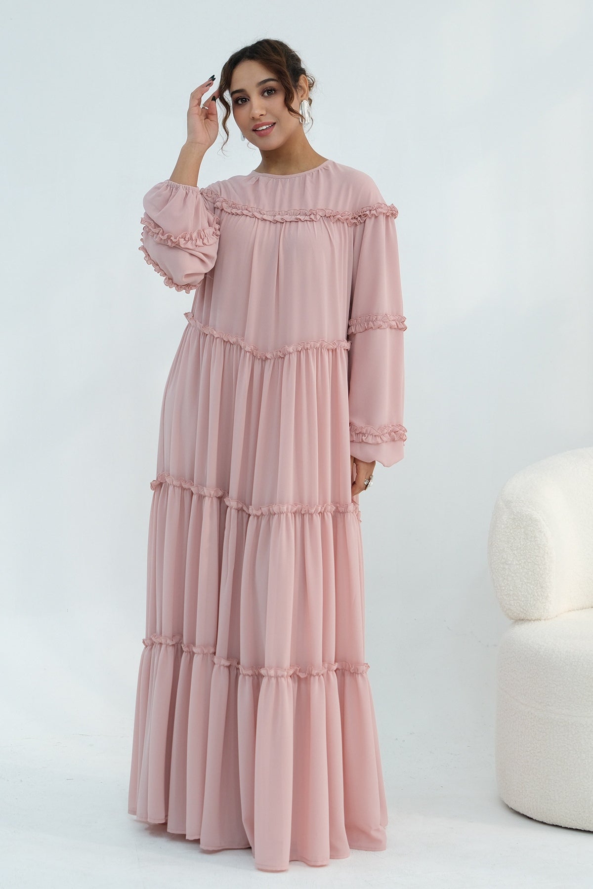 Tiered Ruffle Chiffon Maxi Dress-Pink