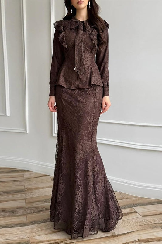 Lace Ruffle Peplum Mermaid Skirt Set-Brown
