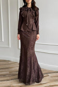Lace Ruffle Peplum Mermaid Skirt Set-Brown