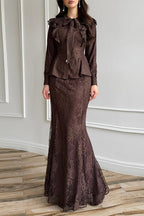 Lace Ruffle Peplum Mermaid Skirt Set-Brown