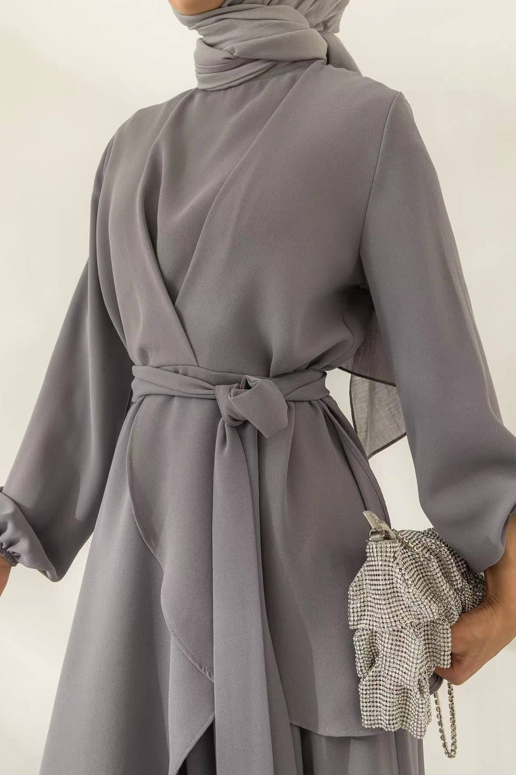 Asymmetrical Wrap Tunic & Wide-Leg Trouser Chiffon Set-Grey
