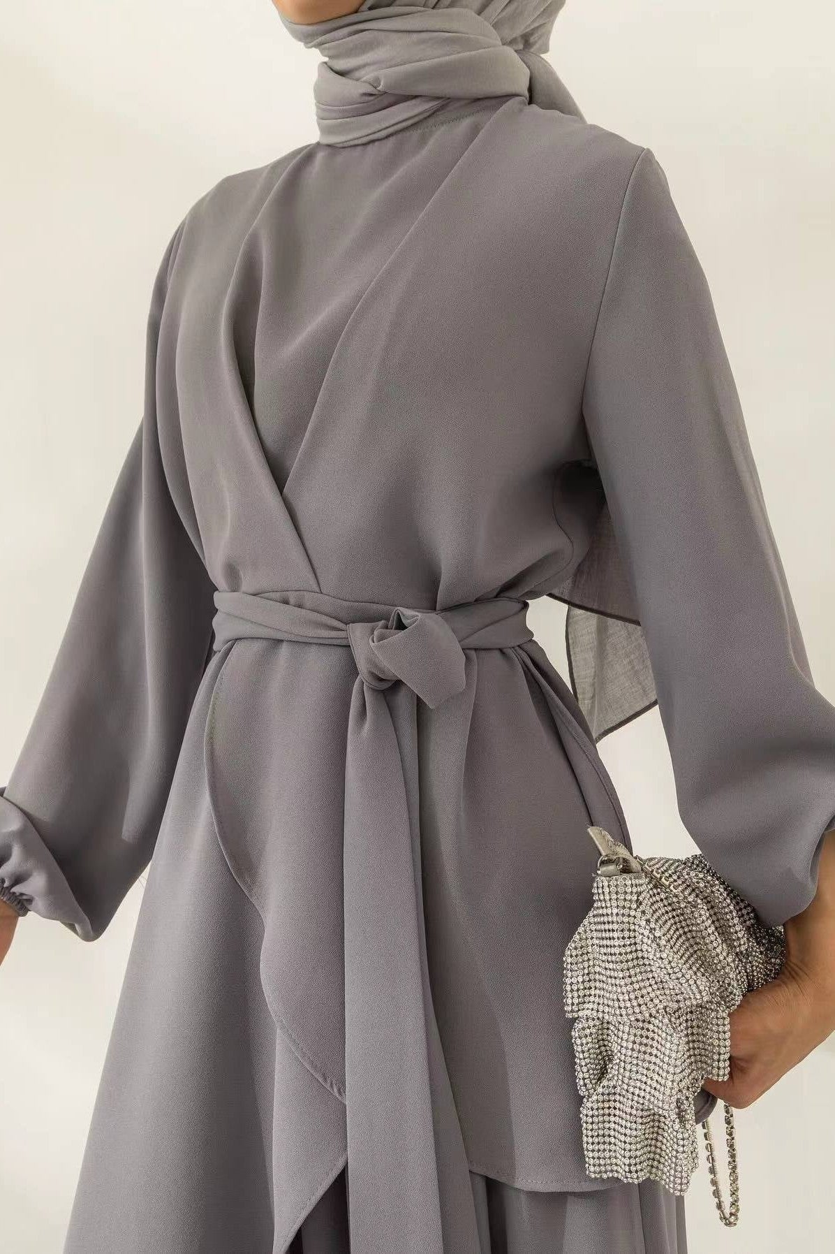 Asymmetrical Wrap Tunic & Wide-Leg Trouser Chiffon Set-Grey