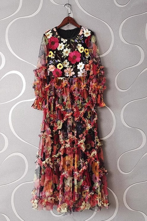 Embroidered Floral Mesh Maxi Dress with 3D Textured Blossoms