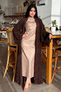 Nurul Floral Lace Open Front Long Abaya-Coffee