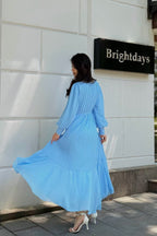 Elegance Pleated Chiffon Full-Sweep Maxi Dress-Blue