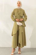 Asymmetrical Wrap Tunic & Wide-Leg Trouser Chiffon Set-Green