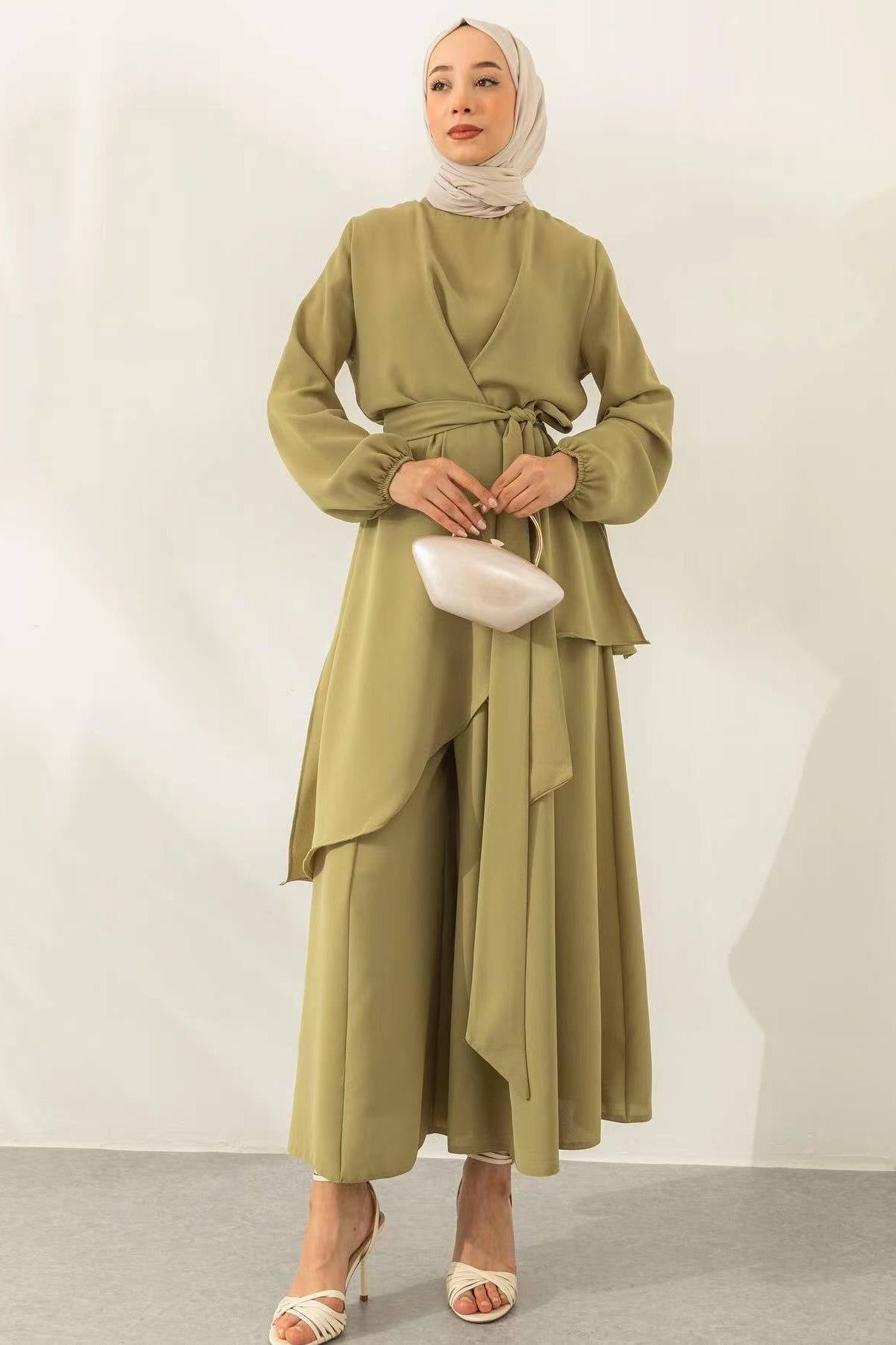Asymmetrical Wrap Tunic & Wide-Leg Trouser Chiffon Set-Green