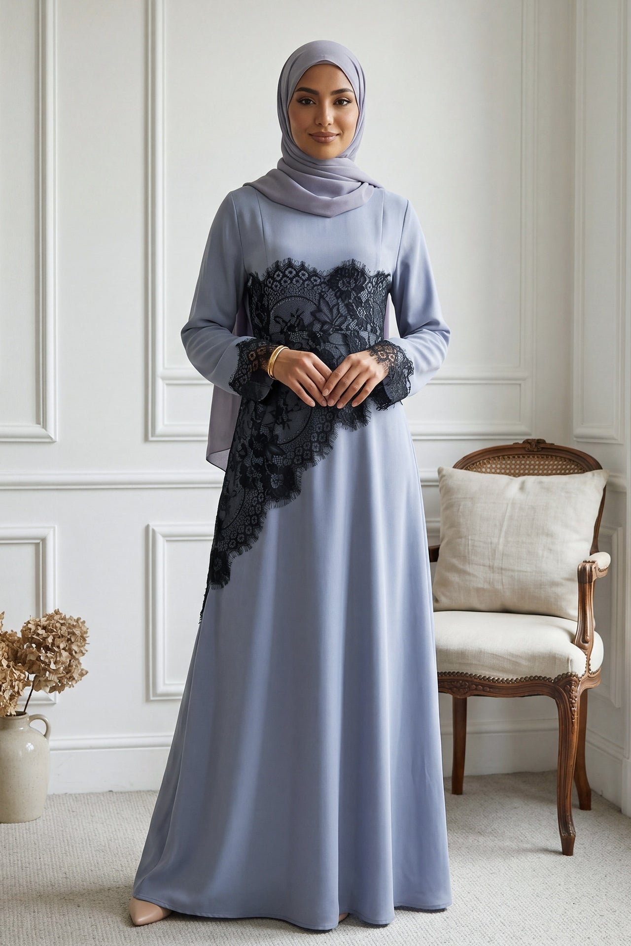Asymmetric Lace-Trimmed Maxi Dress-Blue