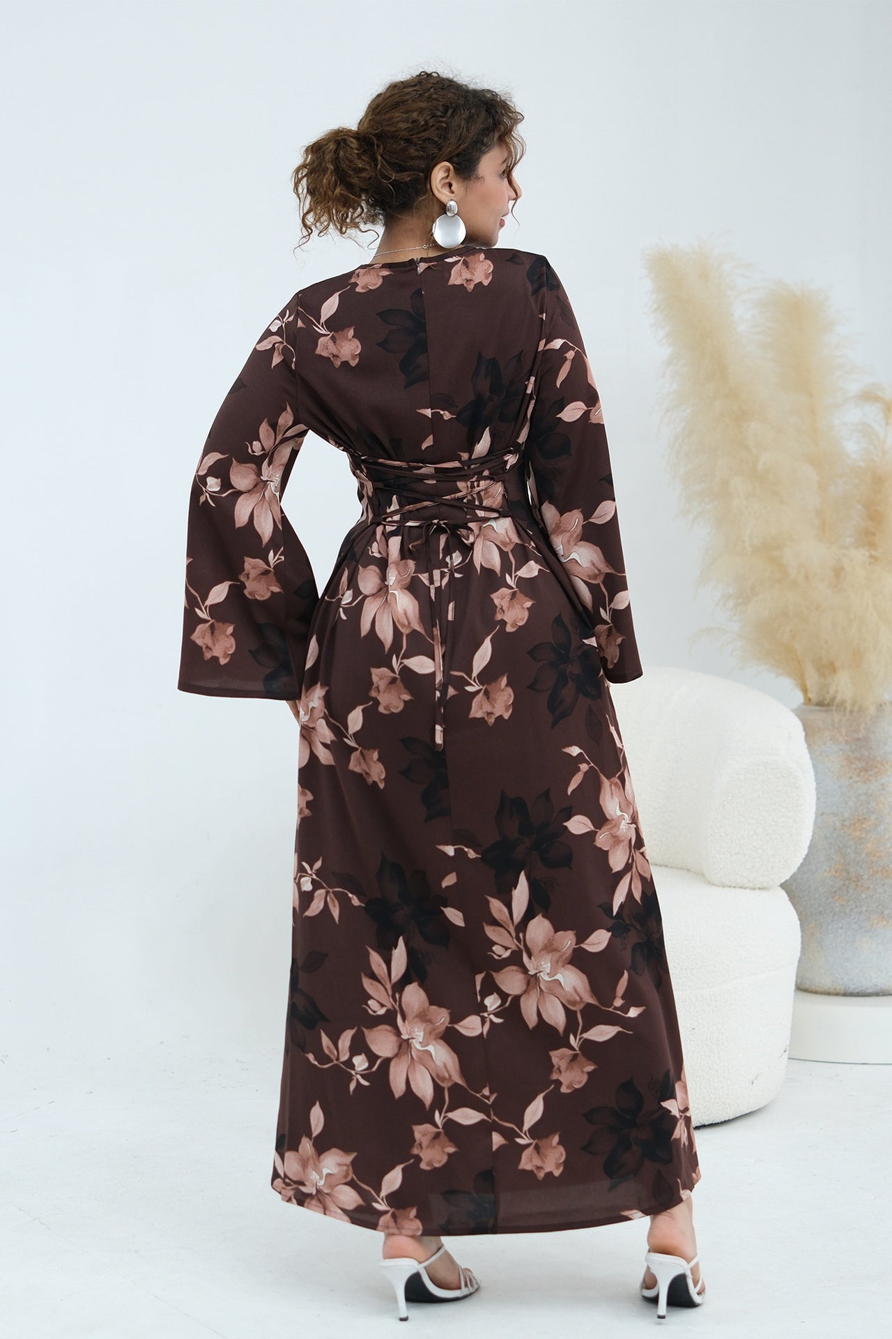 Bell Sleeve Floral Maxi Dress-Coffee