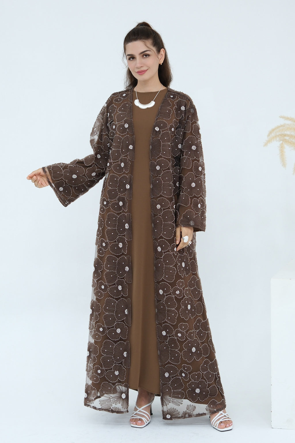 Hand-Beaded Floral Mesh Abaya Two-Piece Set-Coffee