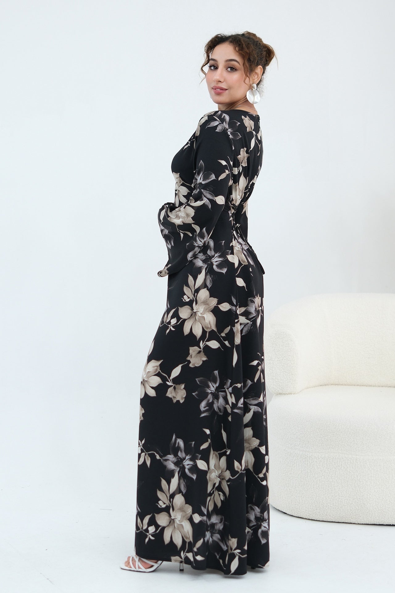 Bell Sleeve Floral Maxi Dress-Black