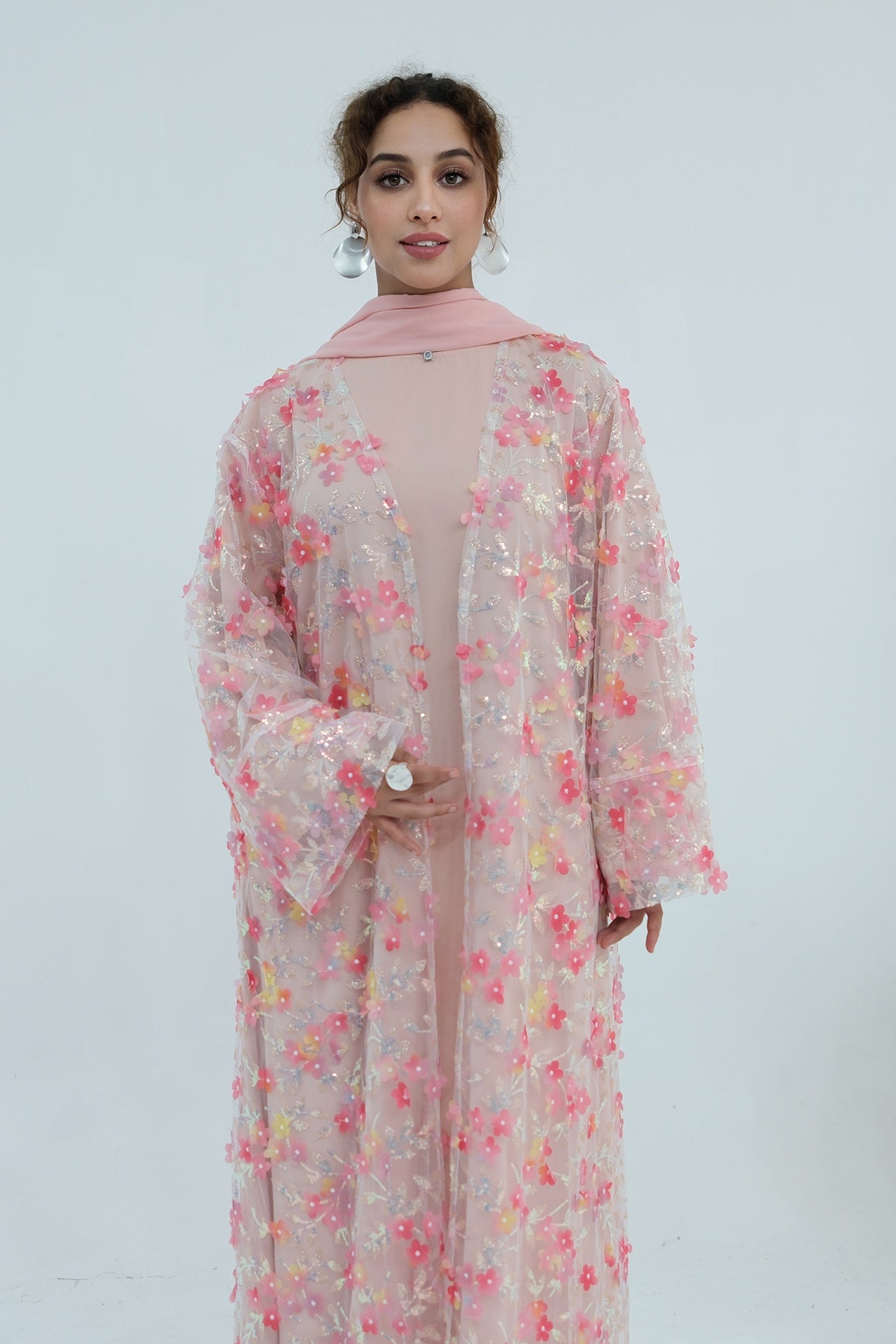Hand-Beaded Floral Open Abaya Three-Piece Set with Matching Inner Dress & Hijab-Pink