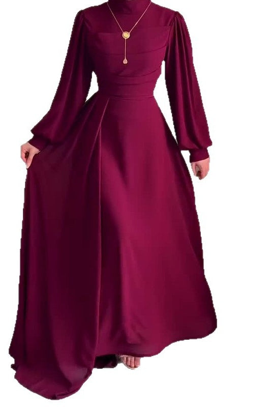 Burgundy High-Neck Bishop Sleeve Maxi Dress – Noraya