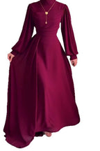 Burgundy High-Neck Bishop Sleeve Maxi Dress