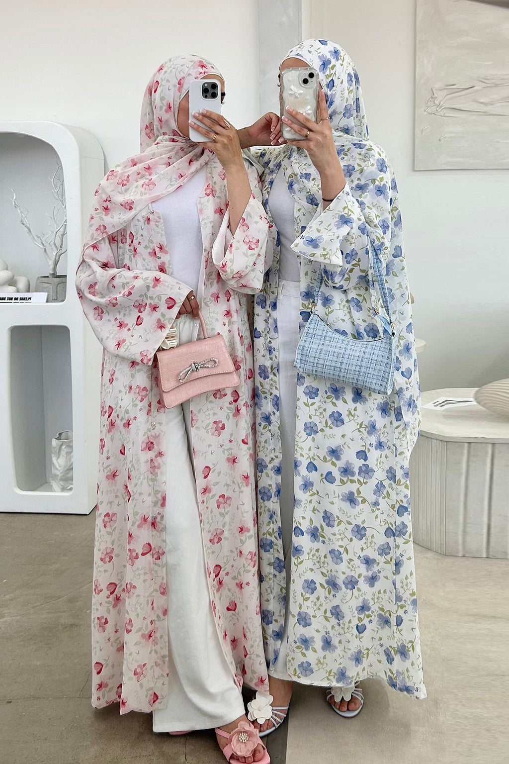 Floral Print Open Abaya & Matching Hijab Two-Piece Set-Pink