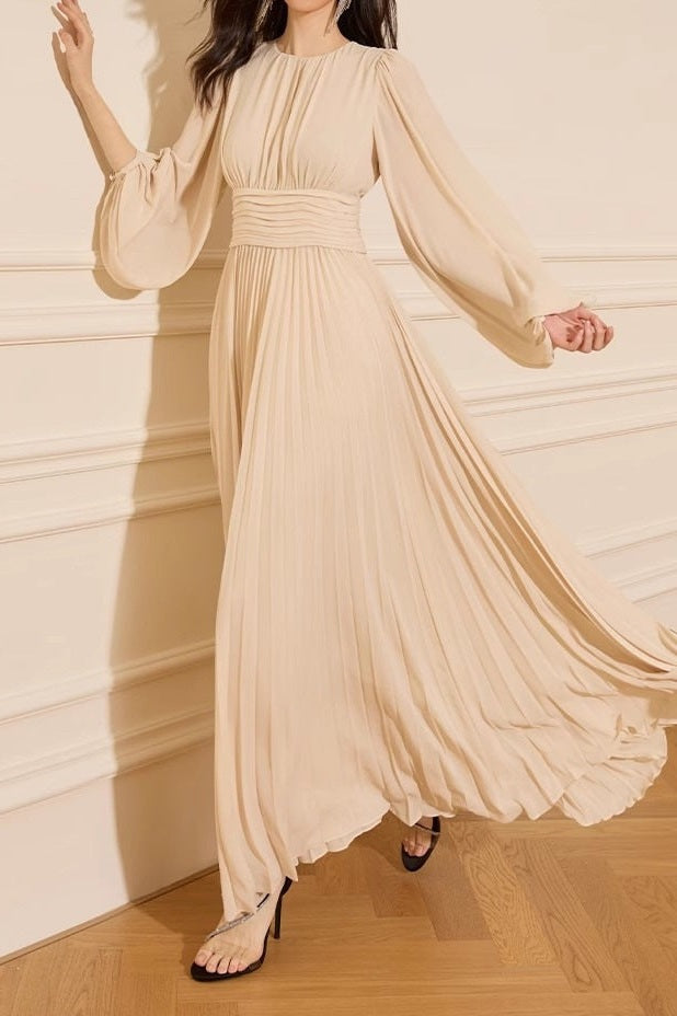 Minimalist Pleated Round-Neck Modest Maxi Dress