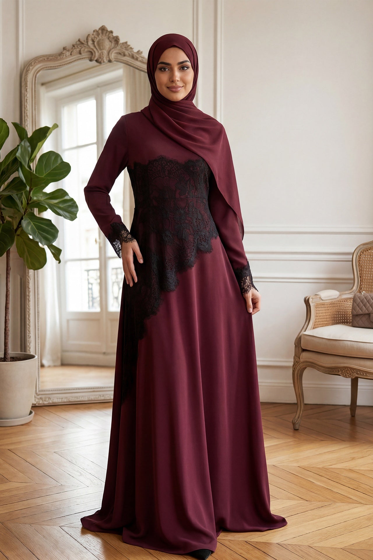 Asymmetric Lace-Trimmed Maxi Dress-Wine