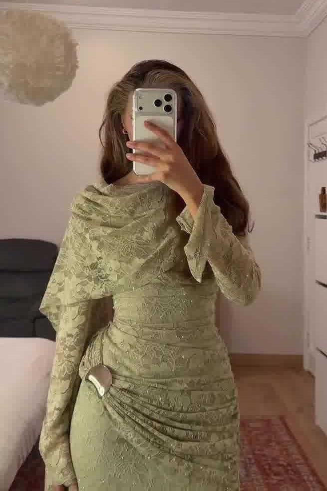 Lace Texture Ruched Asymmetric Maxi Dress