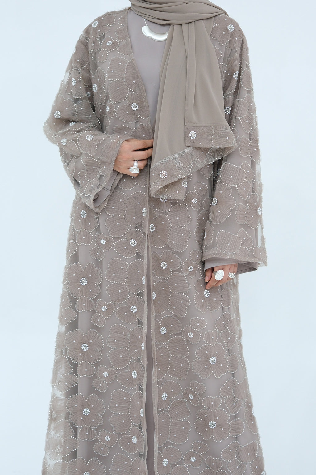 Hand-Beaded Floral Mesh Abaya Two-Piece Set-Grey