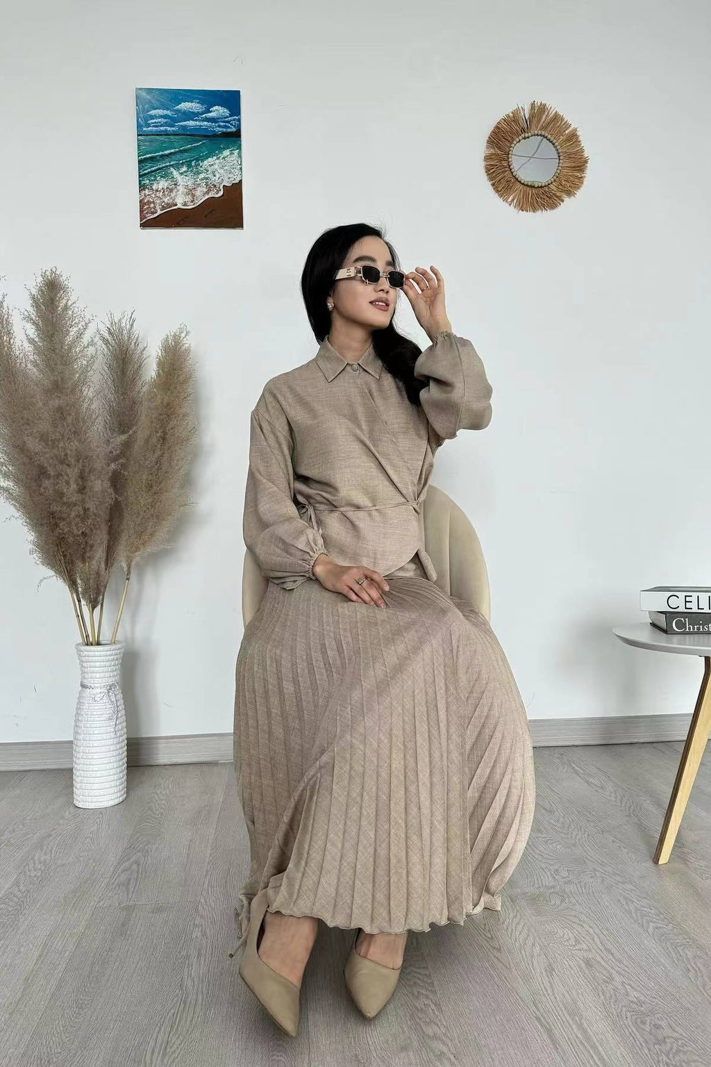 Chic Sculptural Pleats Spring Set-Brown