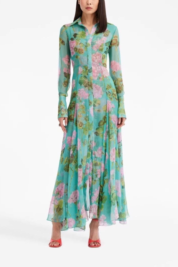 Botanical Green Floral Print Single-Breasted Modest Maxi Dress
