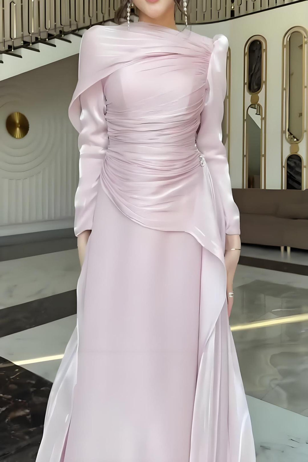Ruched Bodice Asymmetric Drape Maxi Dress
