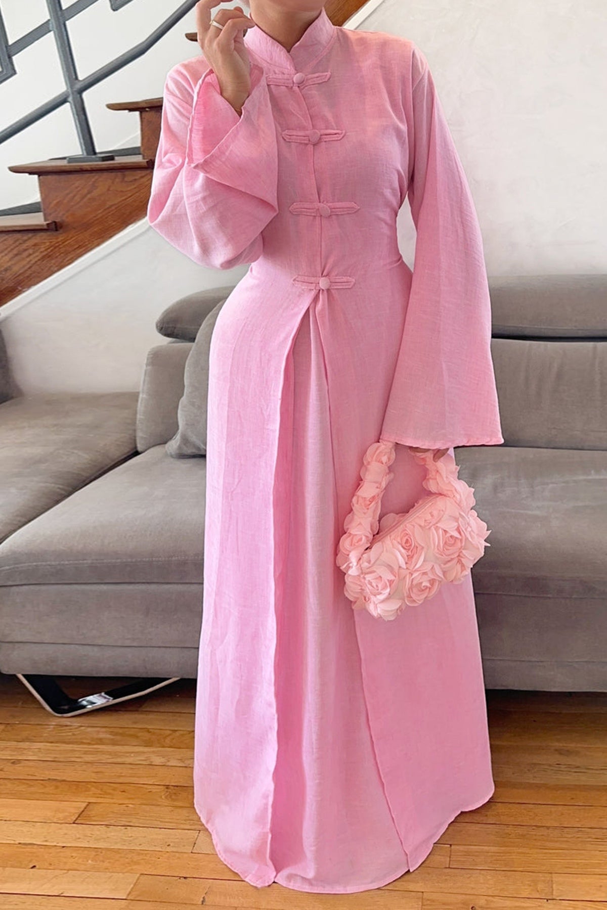 Mandarin Collar Modest Two-Piece Abaya Set-Pink