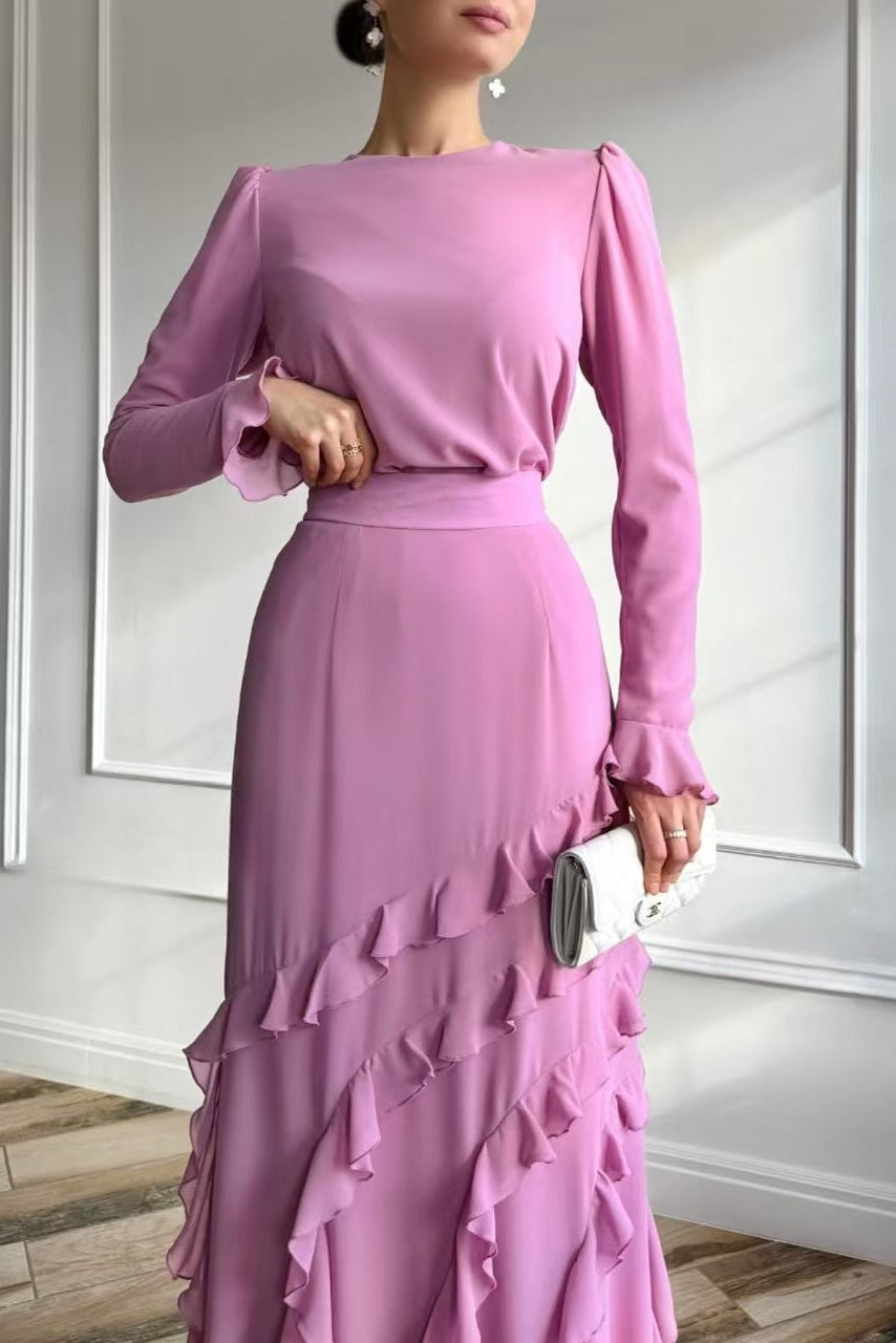 Vintage-Inspired Deep Ruby Dress with Dramatic Fluid Ruffles-Pink