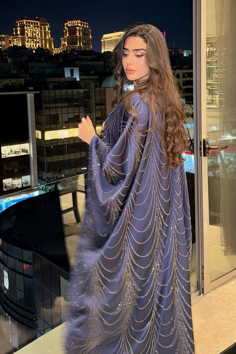 Starlit Rhinestone Embellished Evening Gown-Blue