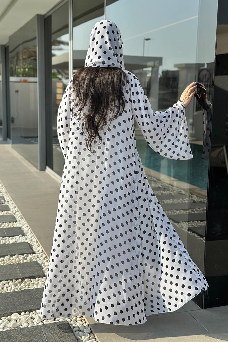 Polka Dot Print Abaya & Matching Headscarf Set-White