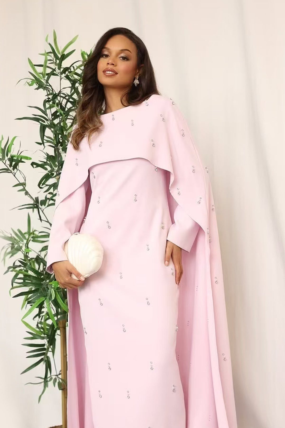 Embellished Cape-Sleeve Modest Two-Piece Gown-Pink