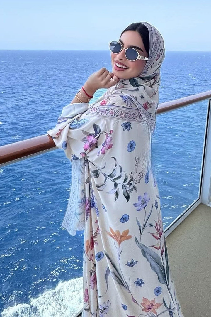 Artisanal Printed Abaya Set with Hijab-White
