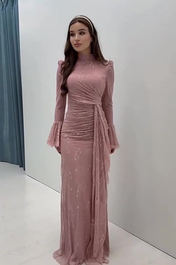 Ethereal High-End Long Sleeve Pastel Evening Maxi Dress-Pink