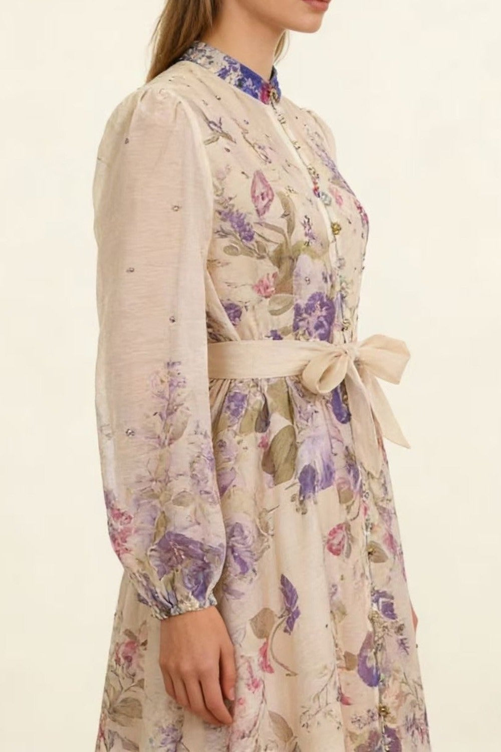 Royal Purple Floral Print Crystal-Embellished Full-Sweep Maxi Dress